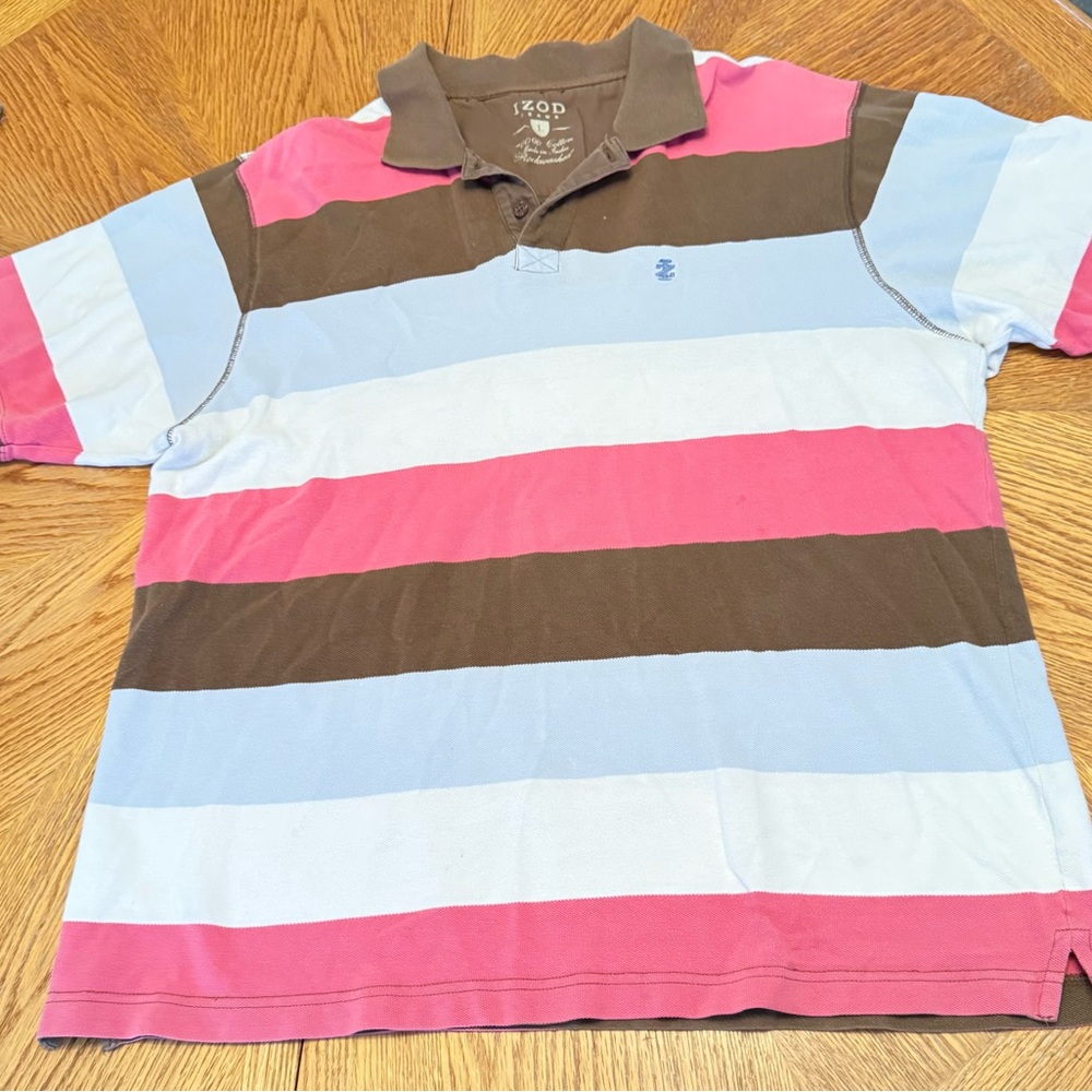 IZOD Men's Polo Shirt - Pink, Blue, and Brown Stripes